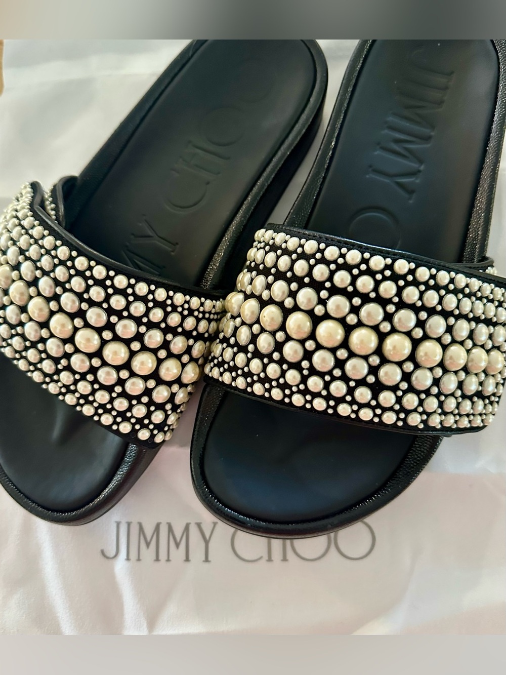 Jimmy Choo Black Slides with Pearl Stud Embellishments - Picture 2 of 11